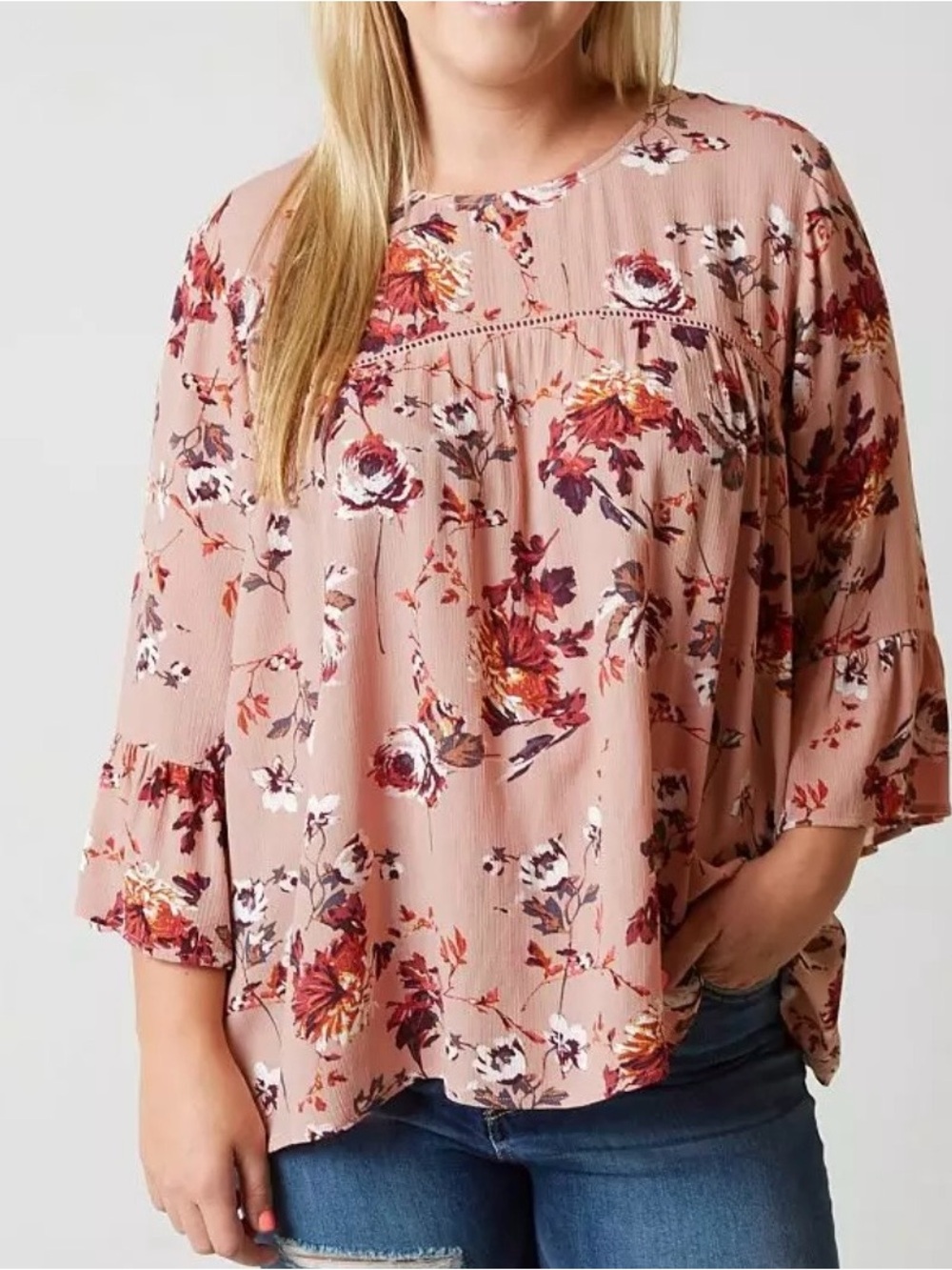 Boho Eyeshadow women’s Floral Ruffle-Sleeve Blouse in Dusty Rose Rayon size 3X